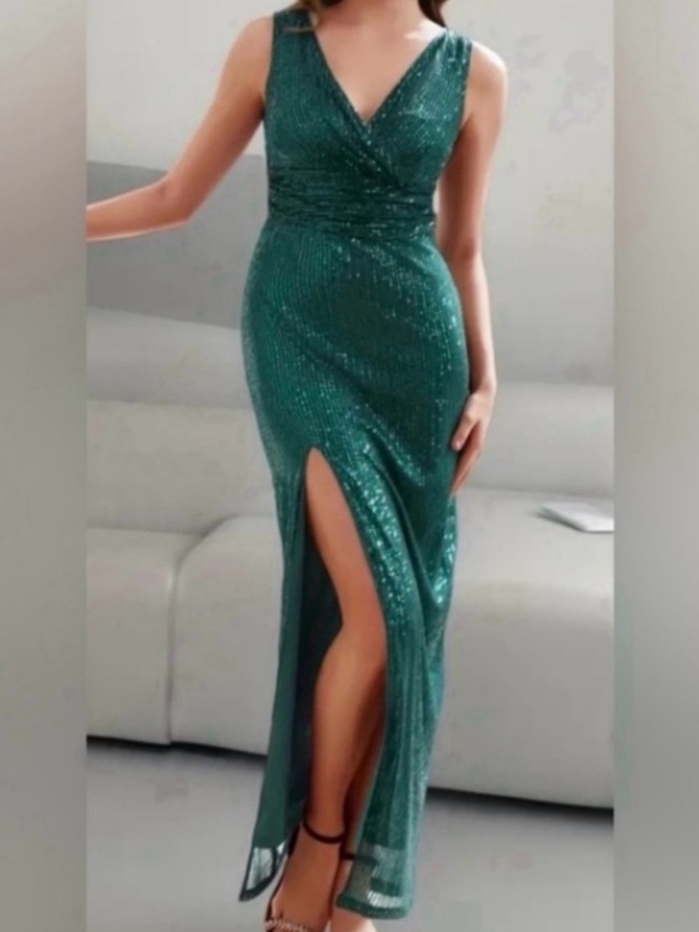Emerald Sleeveless Sequin Wrap-Front Prom Dress with Thigh Slit